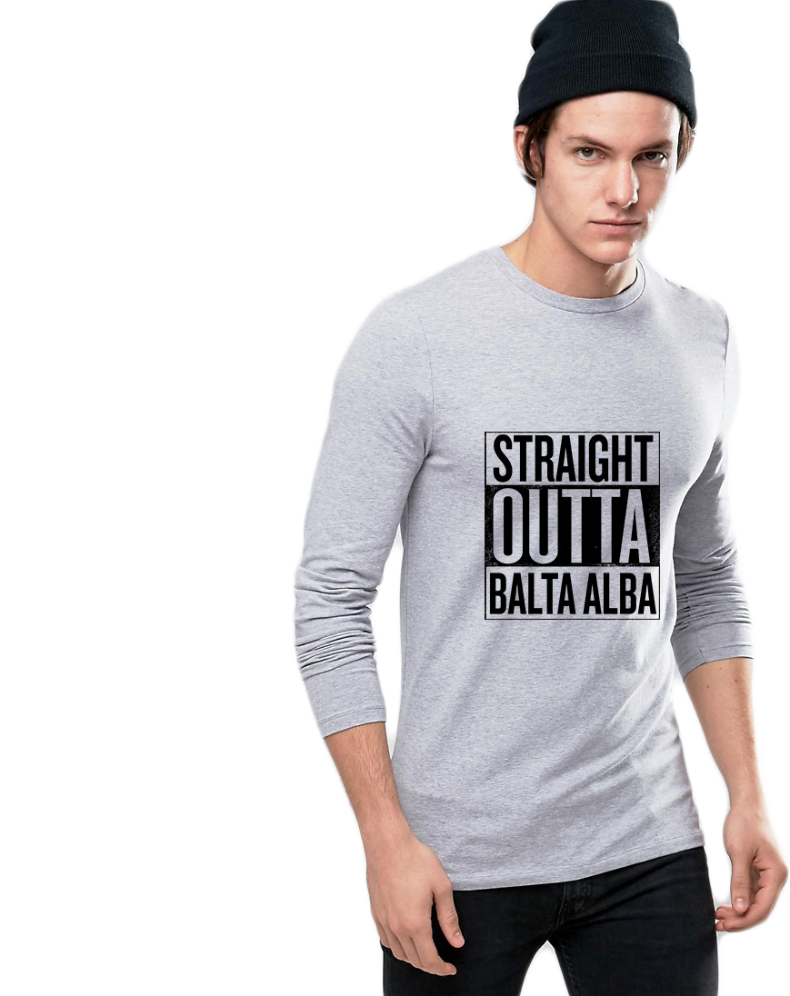 Bluza barbati gri cu text negru - Straight Outta Balta Alba - CATEGORIE
